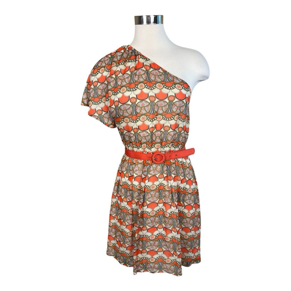 Alice + Olivia One Shoulder Belted Silk Printed Mini Dress Sz S